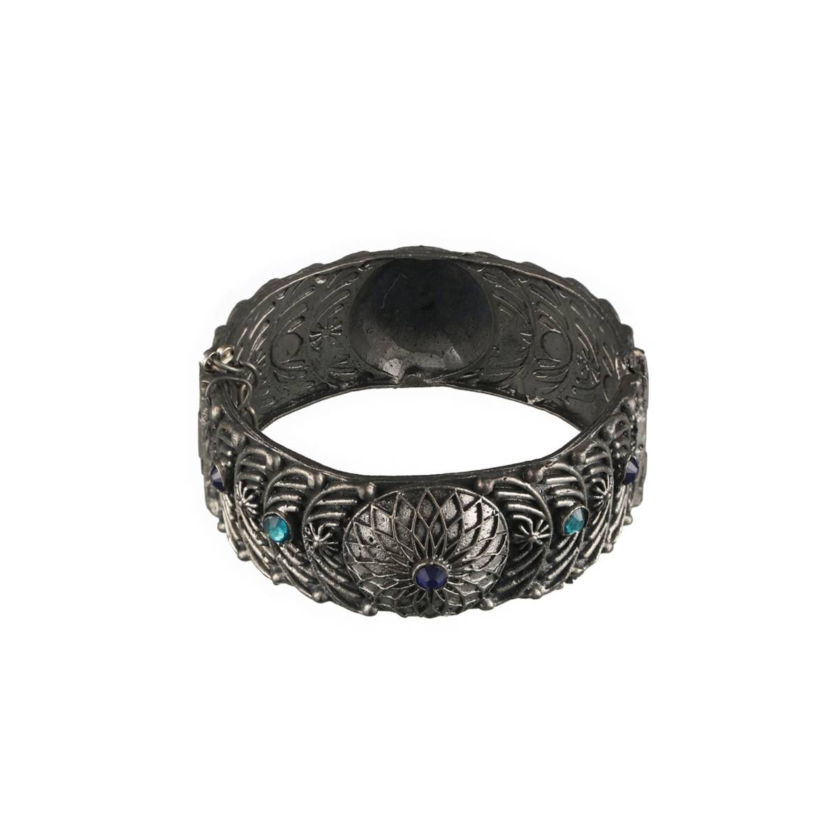 Aatmana Oxidized Silver Plated and Blue Stone Antique Dome Shaped Bangle Style Bracelet