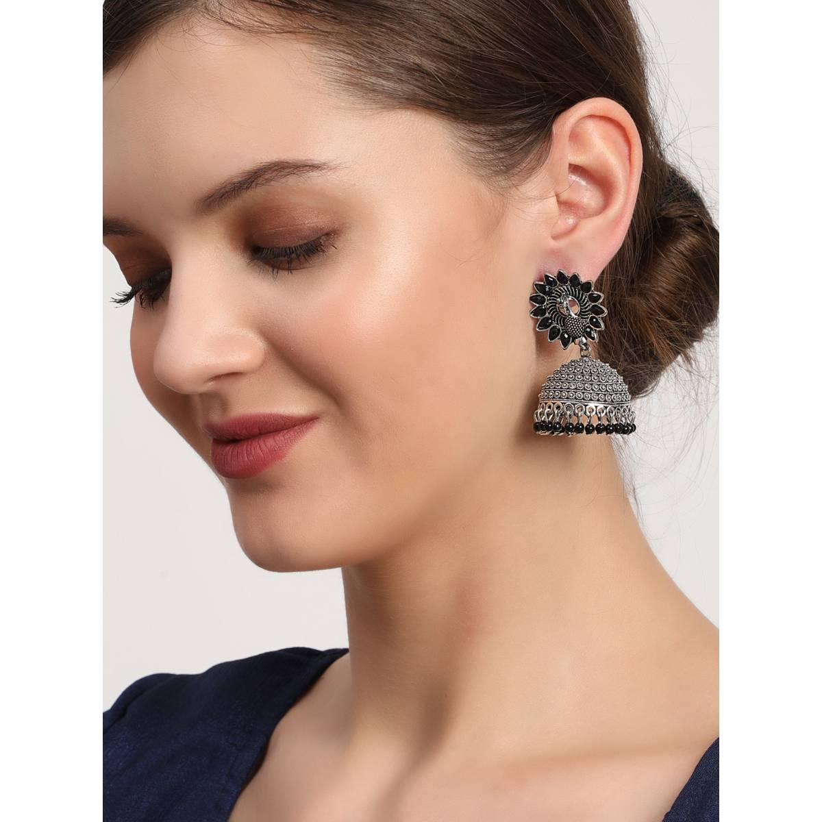 Aatmana Gold Plated Peacock Shape Painted Enamel Pearl Drop Ethnic Jhumka Earring