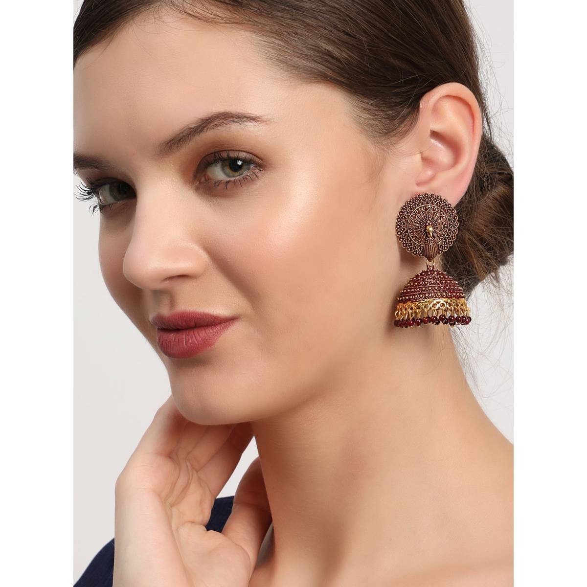 Aatmana Designer Gold Plated Peacock Shape Enamelled Traditional Drop Jhumka Earring