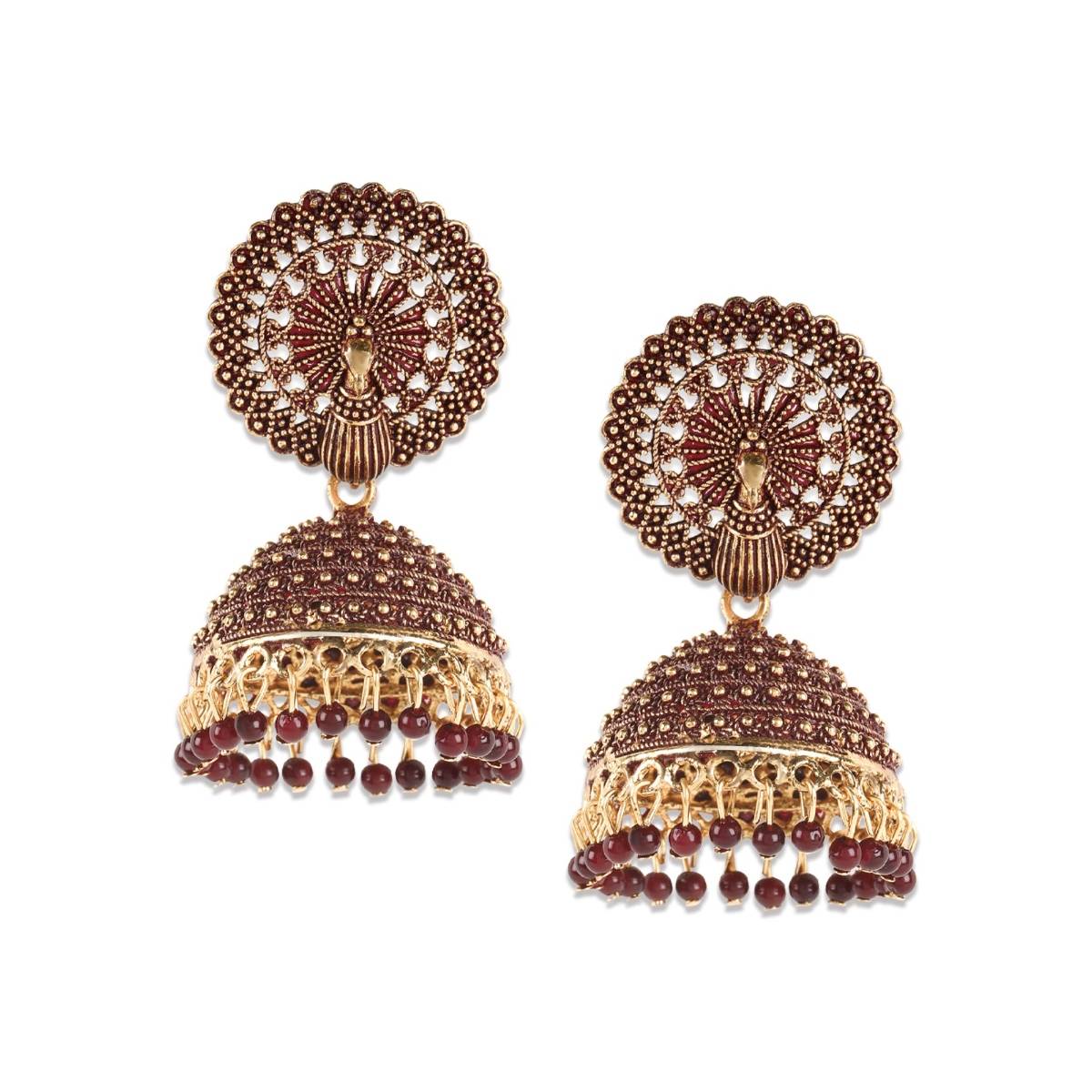 Aatmana Designer Gold Plated Peacock Shape Enamelled Traditional Drop Jhumka Earring