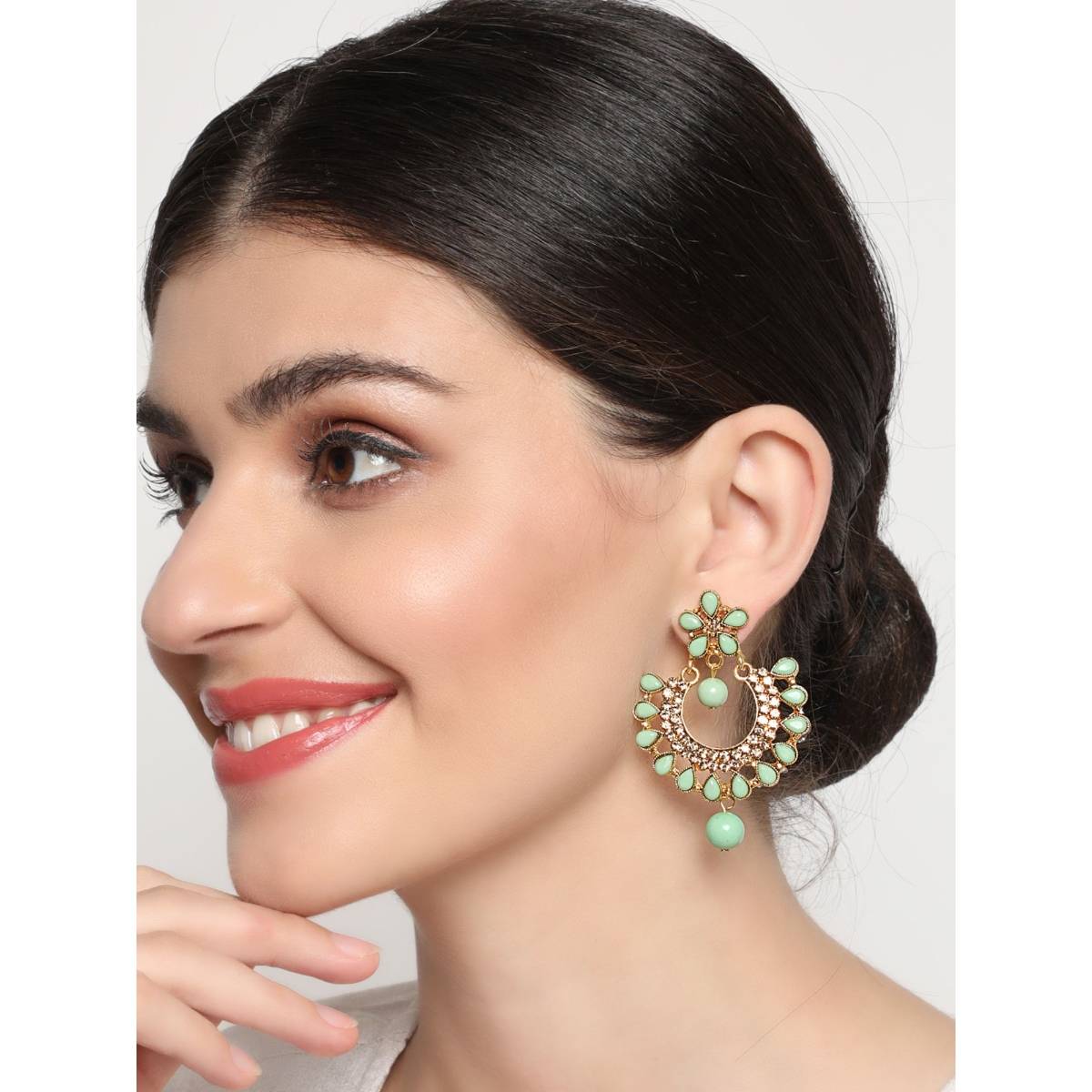 Aatmana Green Gold Plated Kundan Studded Handcrafted Crescent Shaped Chandbalis