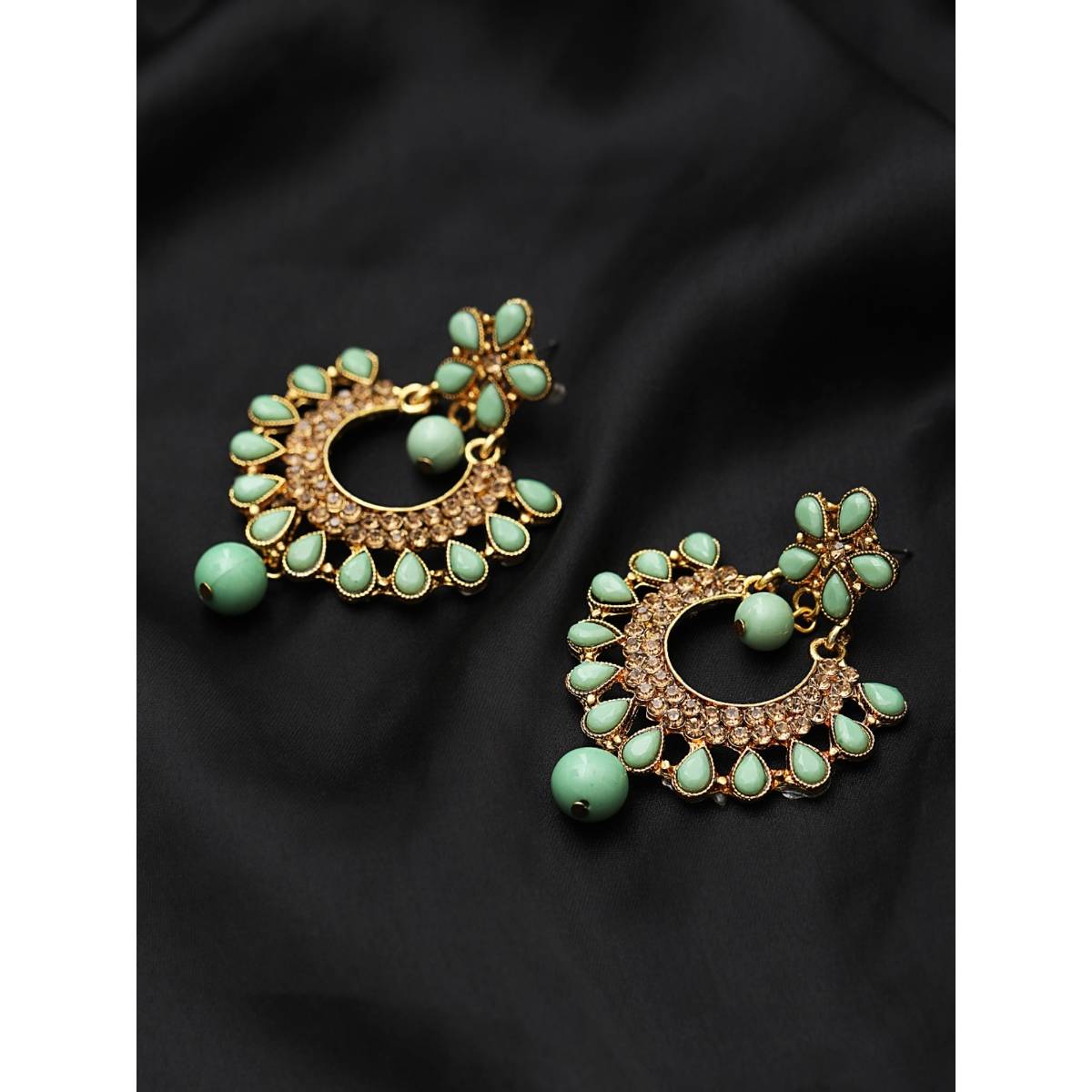 Aatmana Green Gold Plated Kundan Studded Handcrafted Crescent Shaped Chandbalis