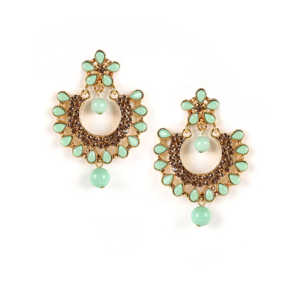 Aatmana Green Gold Plated Kundan Studded Handcrafted Crescent Shaped Chandbalis