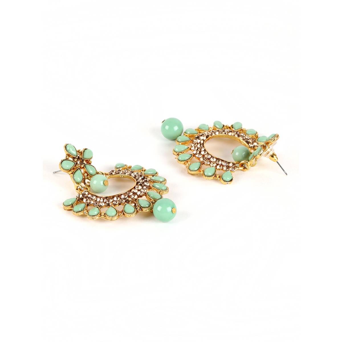 Aatmana Green Gold Plated Kundan Studded Handcrafted Crescent Shaped Chandbalis