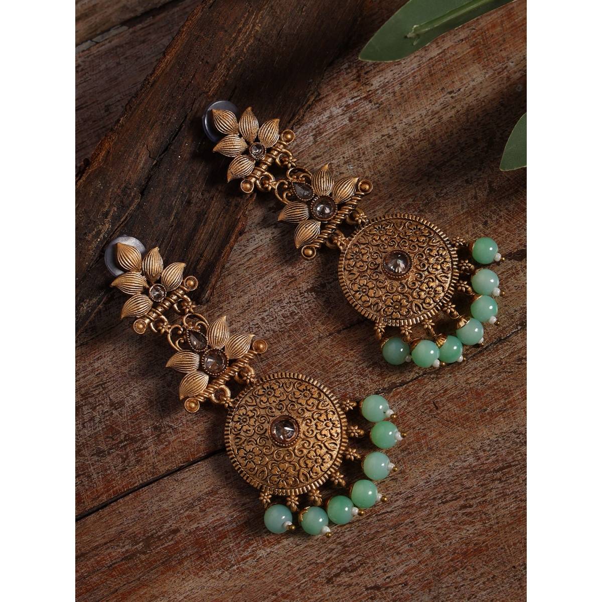 Aatmana Antique Gold Plated Textured Handcrafted Floral Pattern Classic Drop Earrings · One Size