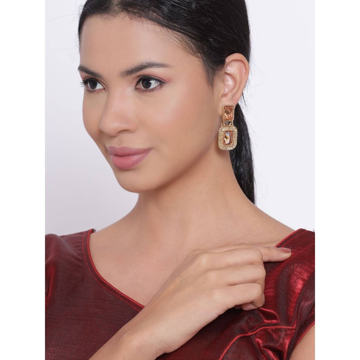 Aatmana Gold Plated Kundan Studded Contemporary Drop Earrings