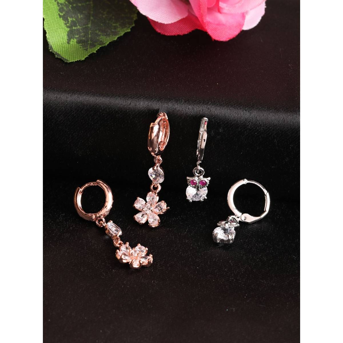 Aatmana Set of 2 American Diamond Studded Rose Gold and Silver Plated Drop Earring