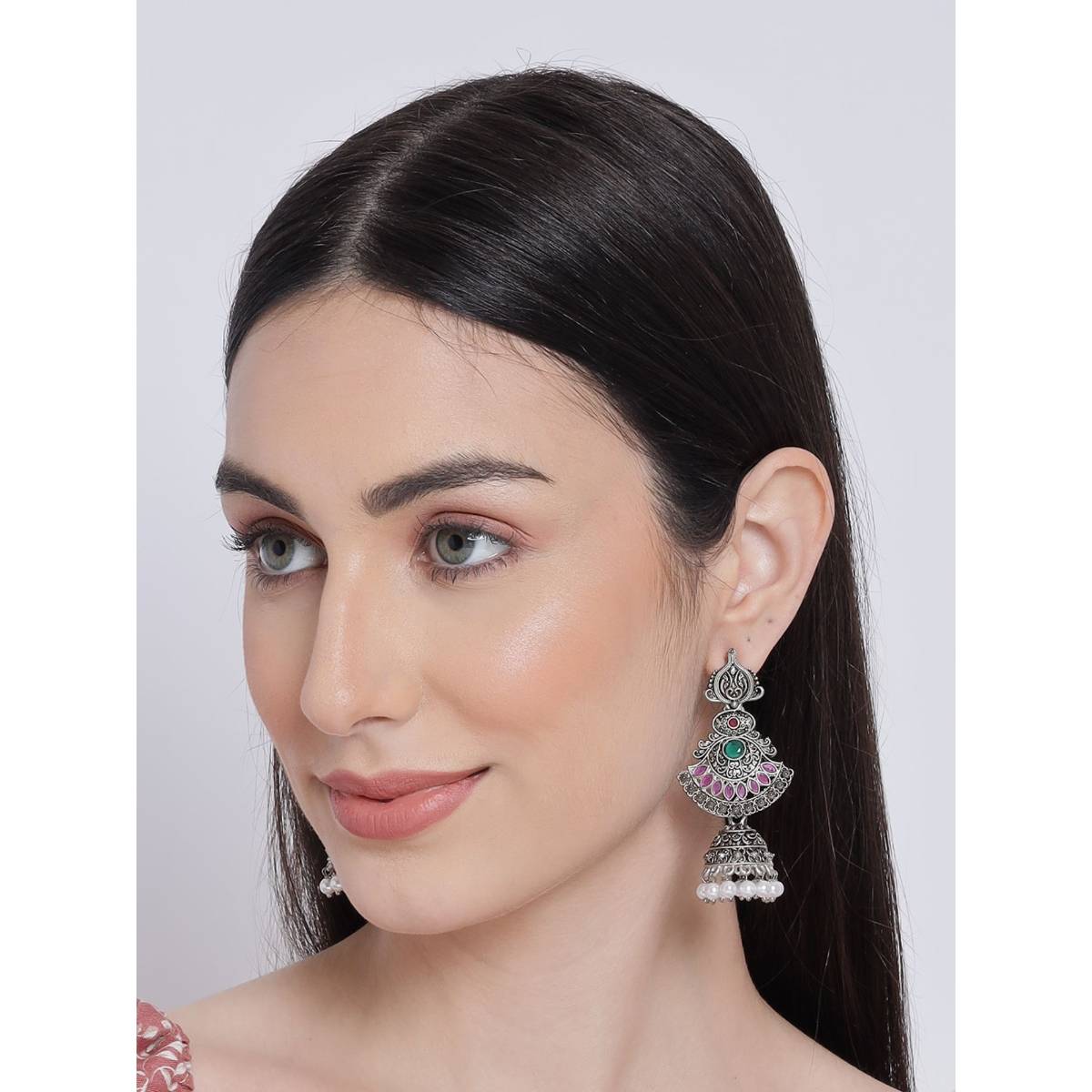 Aatmana Pink Oxidized Silver Plated Dome Shaped Jhumkas