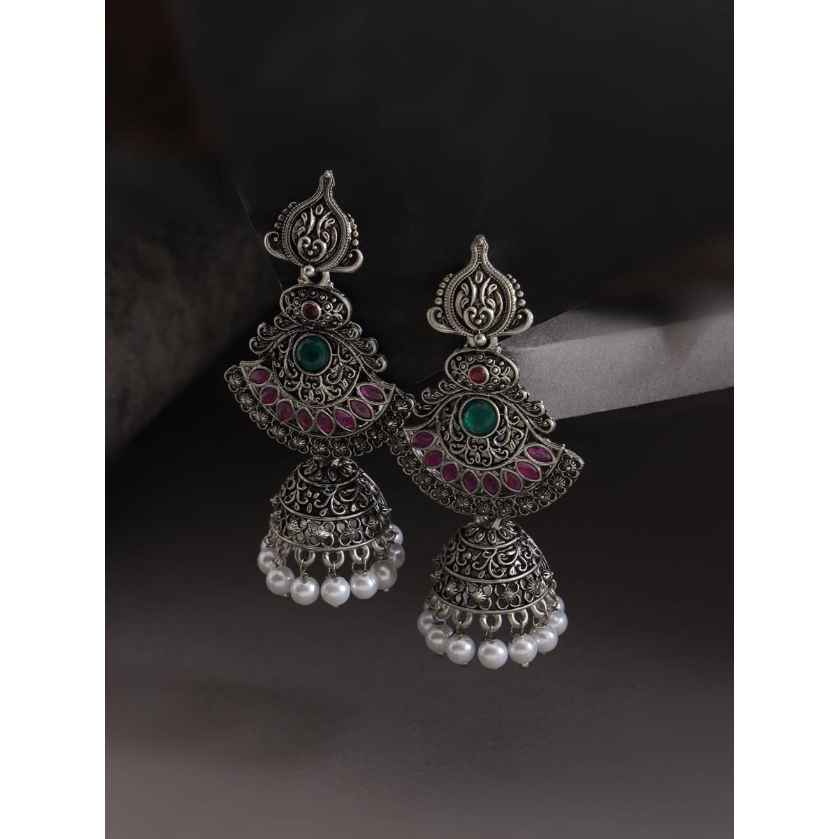 Aatmana Pink Oxidized Silver Plated Dome Shaped Jhumkas