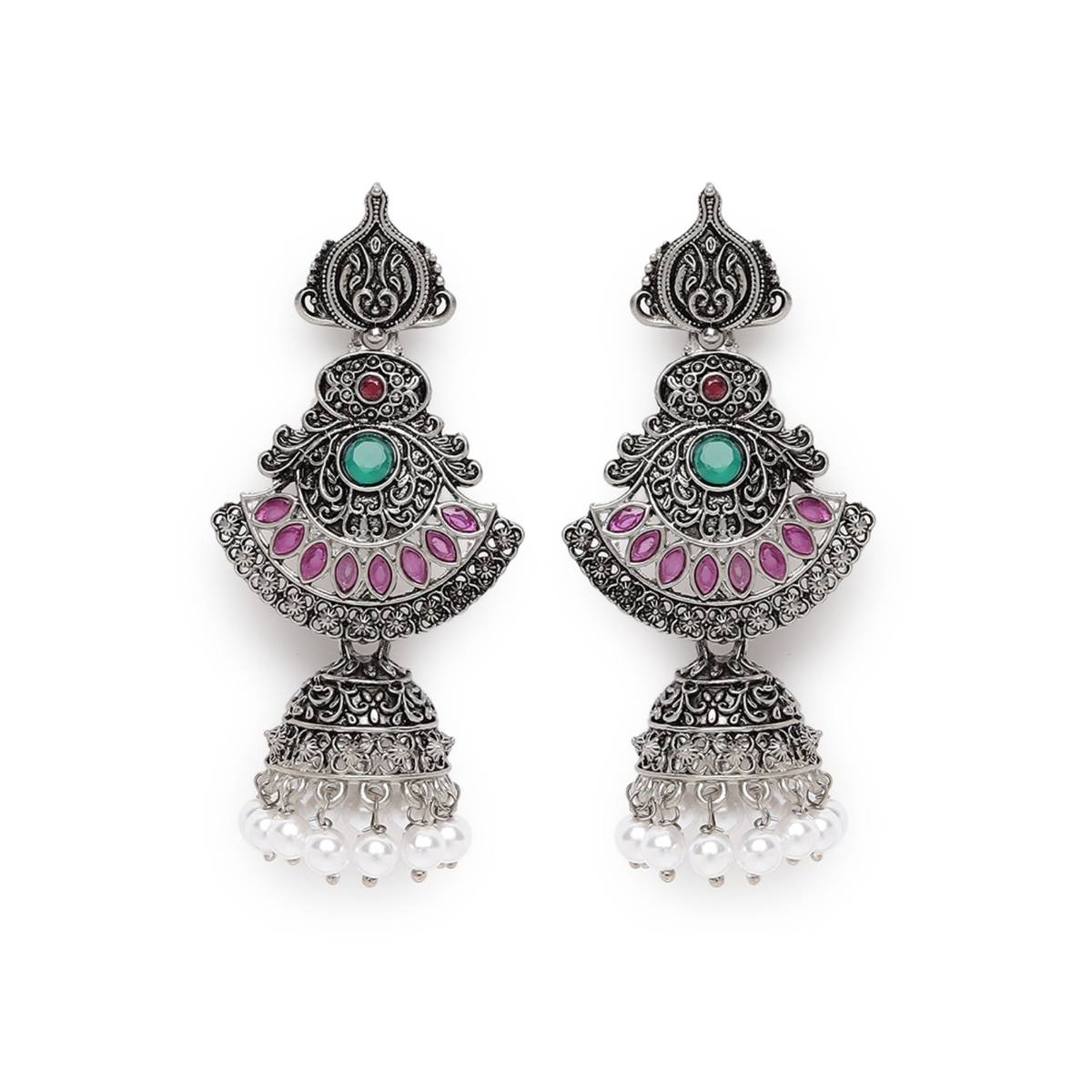 Aatmana Pink Oxidized Silver Plated Dome Shaped Jhumkas