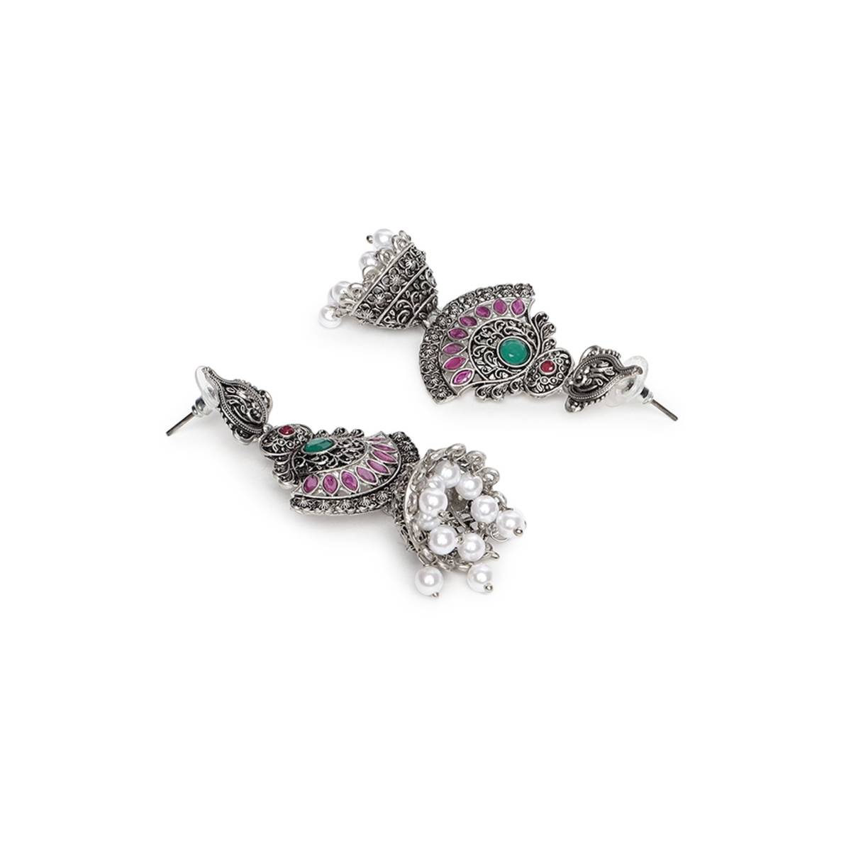 Aatmana Pink Oxidized Silver Plated Dome Shaped Jhumkas