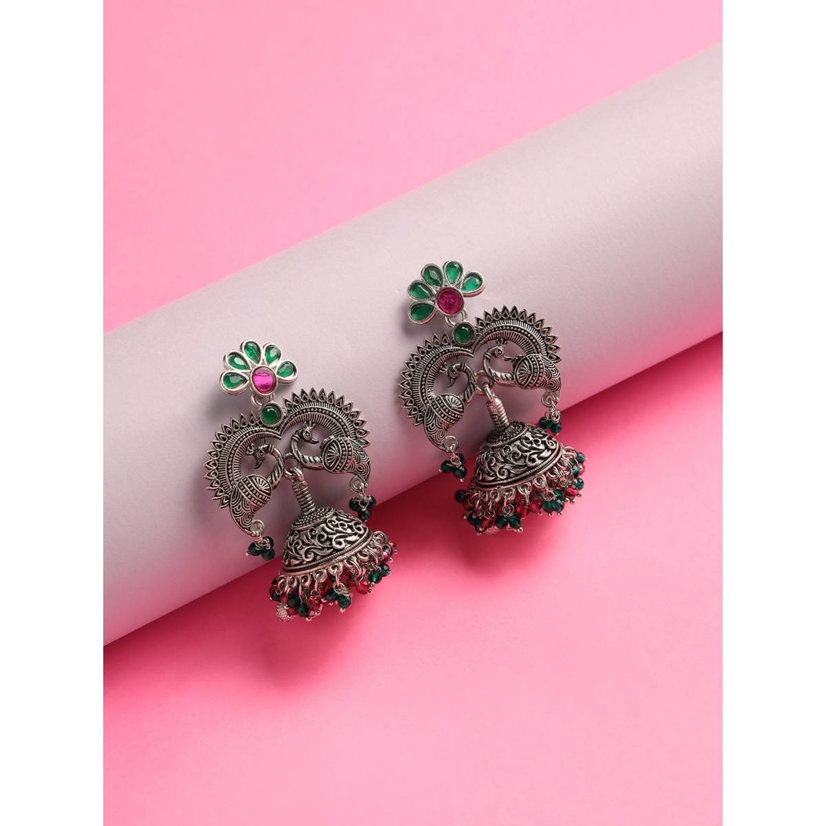 Aatmana Pink and Green Stone Studded and Silver Plated Peacock Shaped Beaded Jhumkas
