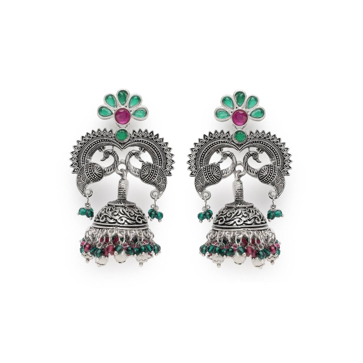 Aatmana Pink and Green Stone Studded and Silver Plated Peacock Shaped Beaded Jhumkas