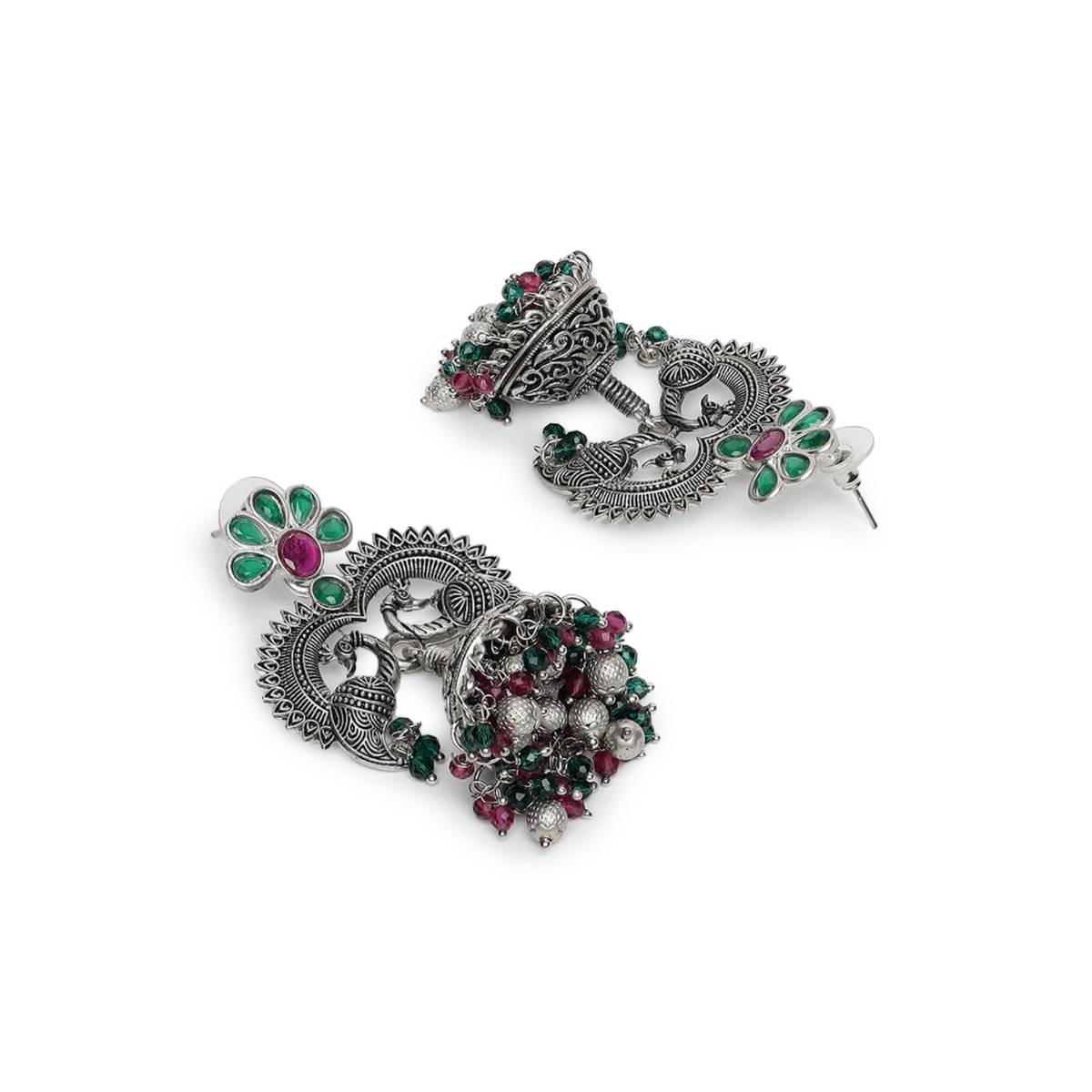 Aatmana Pink and Green Stone Studded and Silver Plated Peacock Shaped Beaded Jhumkas