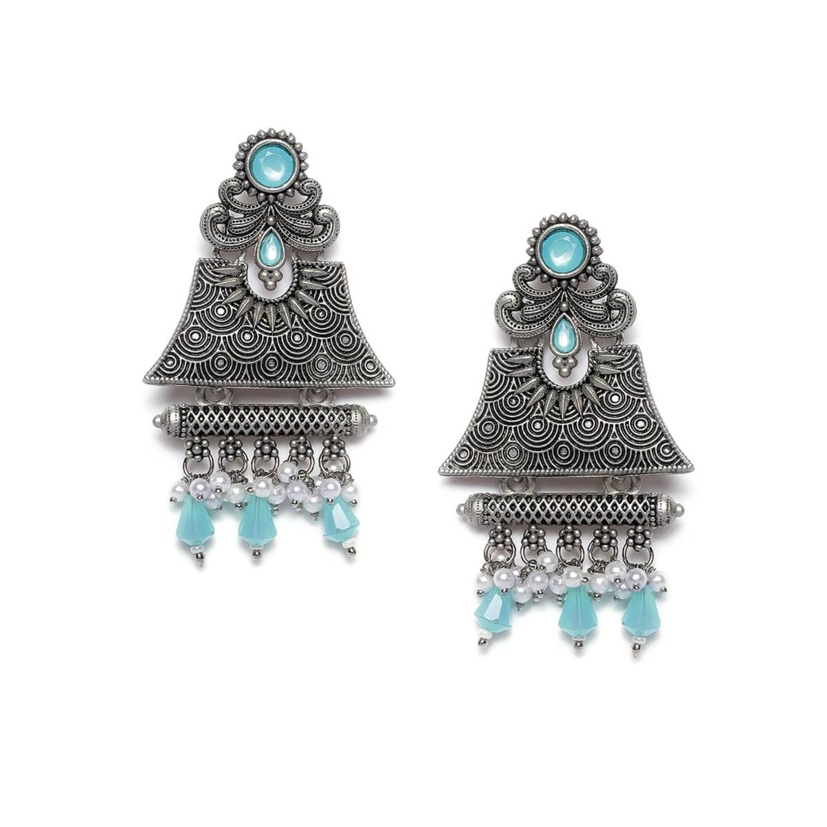 Aatmana Silver Toned and Turquoise Blue Dome Shaped Drop Earrings