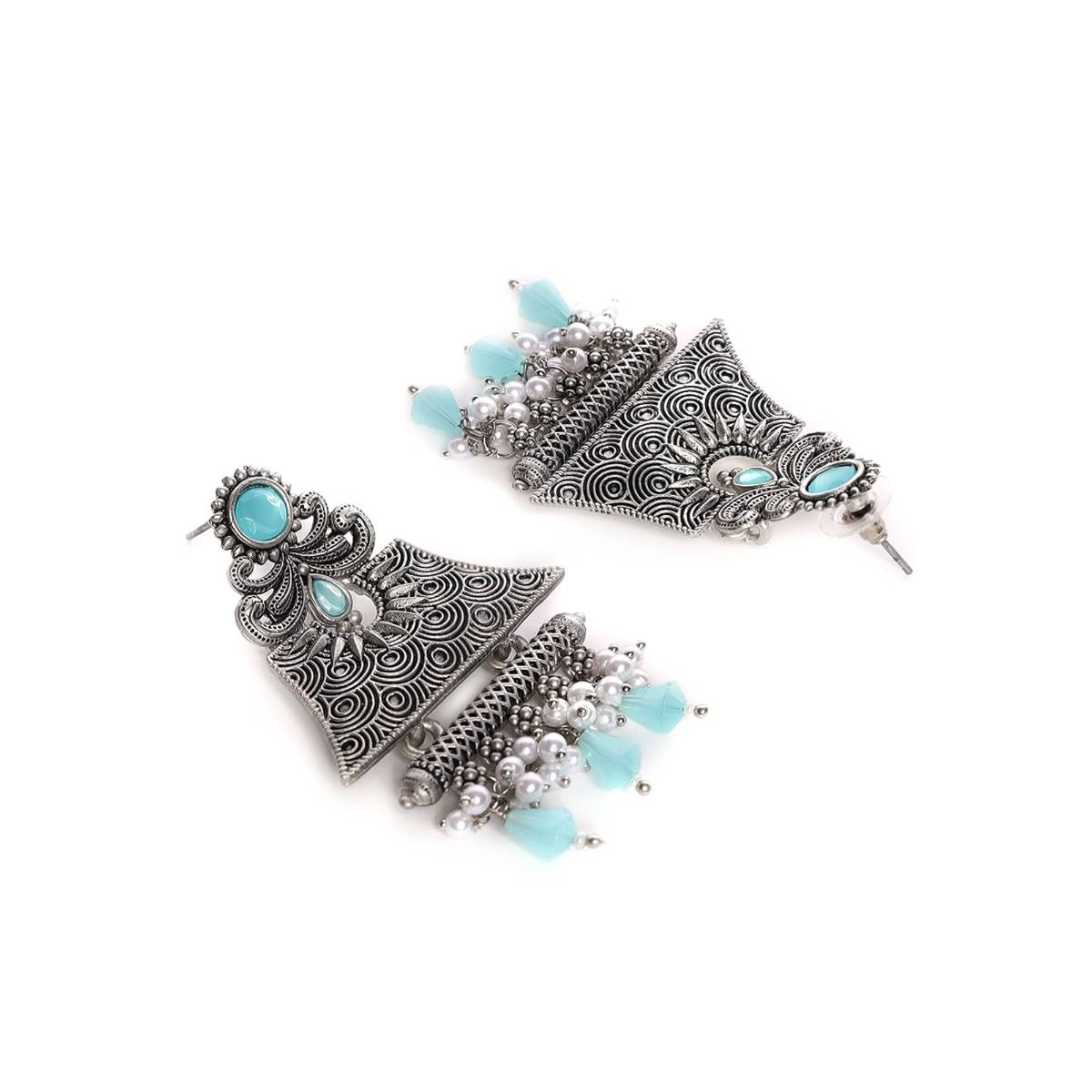 Aatmana Silver Toned and Turquoise Blue Dome Shaped Drop Earrings