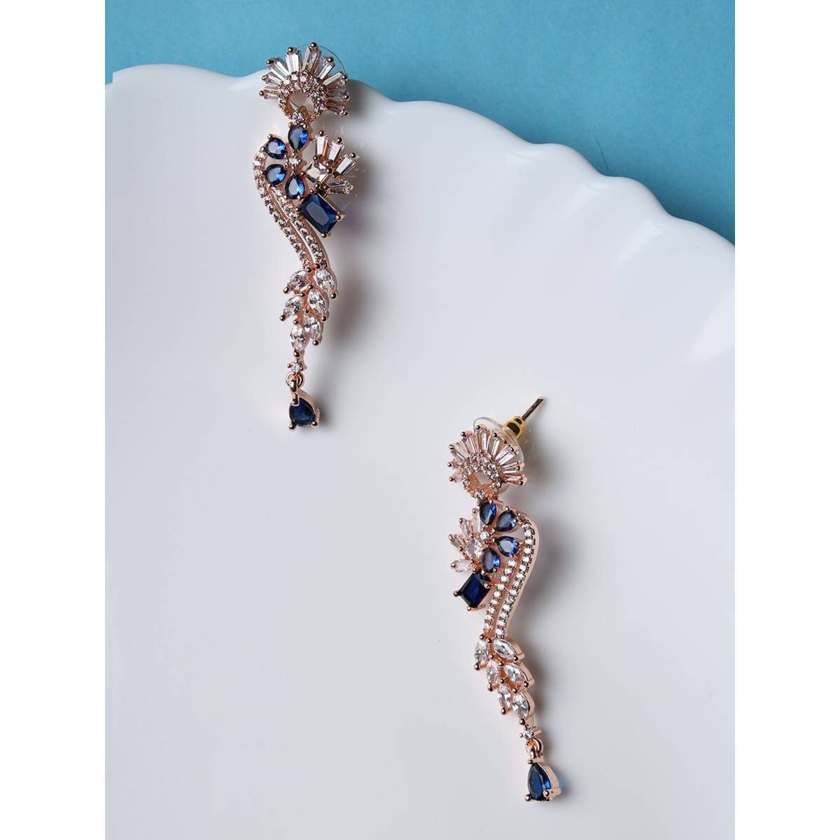 Aatmana Rose Gold and Blue American Diamond Studded Floral Drop Earrings