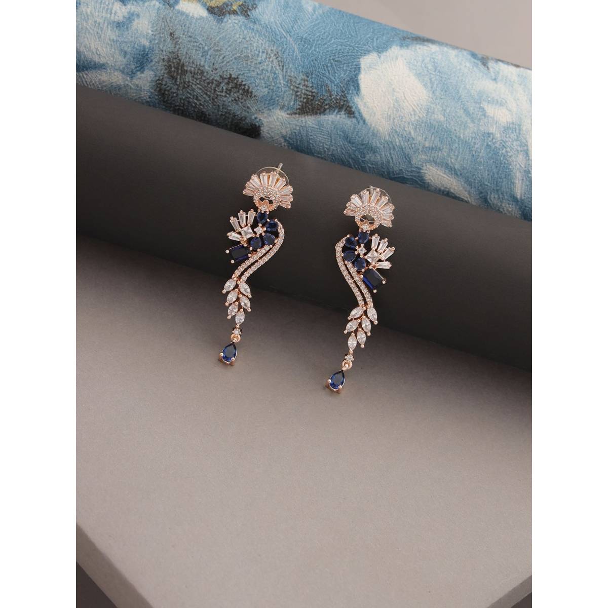 Aatmana Rose Gold and Blue American Diamond Studded Floral Drop Earrings