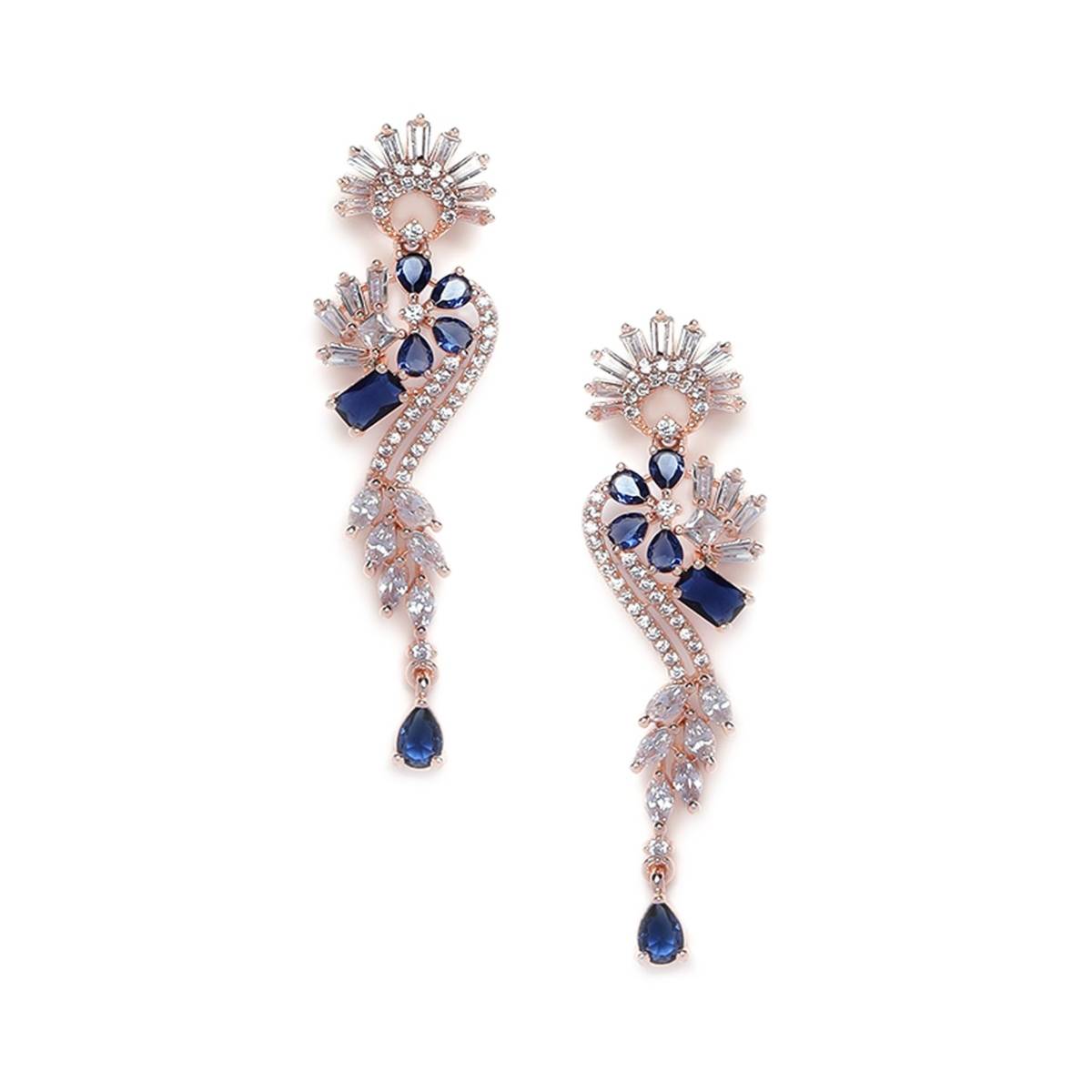 Aatmana Rose Gold and Blue American Diamond Studded Floral Drop Earrings