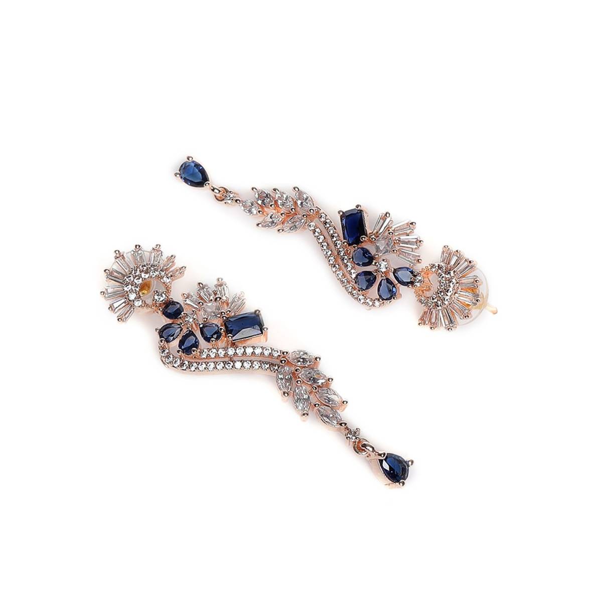 Aatmana Rose Gold and Blue American Diamond Studded Floral Drop Earrings