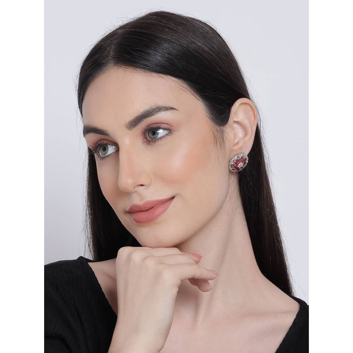 Aatmana Silver Plated Red Floral Stud Earrings · One Size
