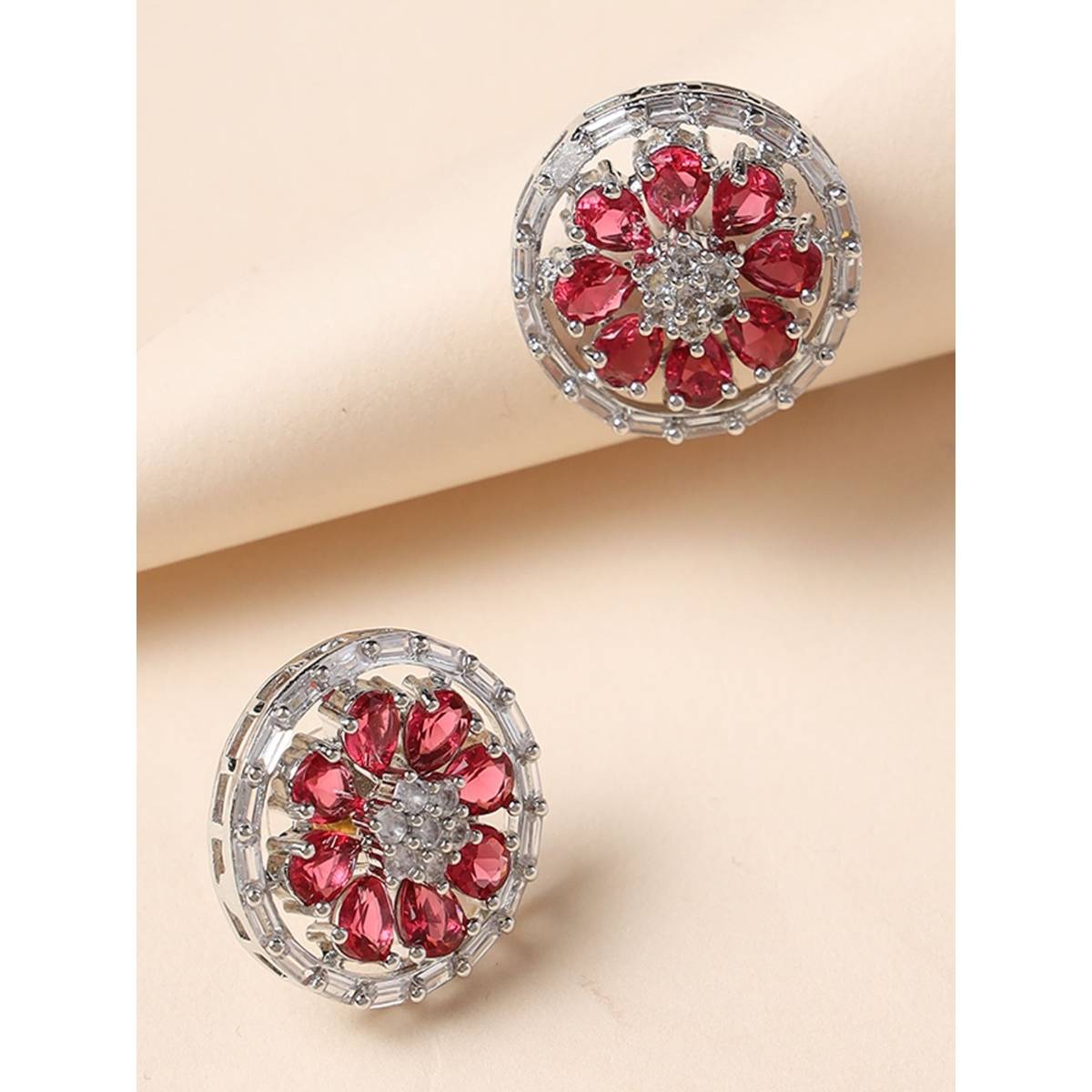 Aatmana Silver Plated Red Floral Stud Earrings