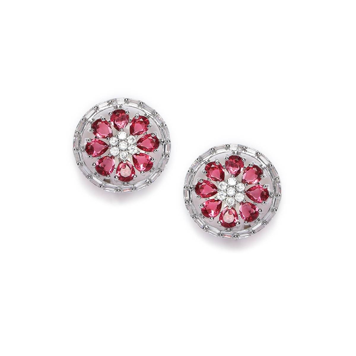 Aatmana Silver Plated Red Floral Stud Earrings