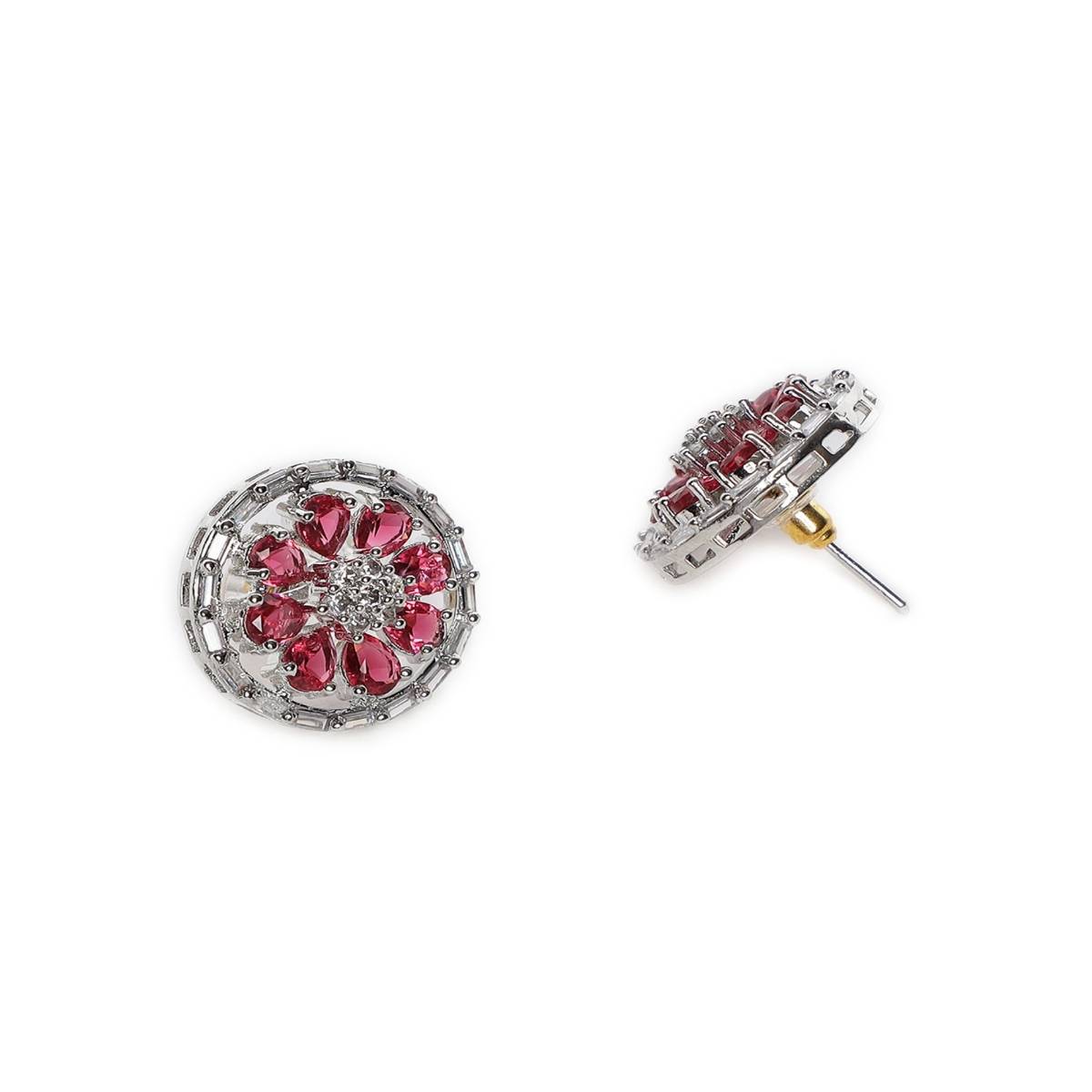Aatmana Silver Plated Red Floral Stud Earrings