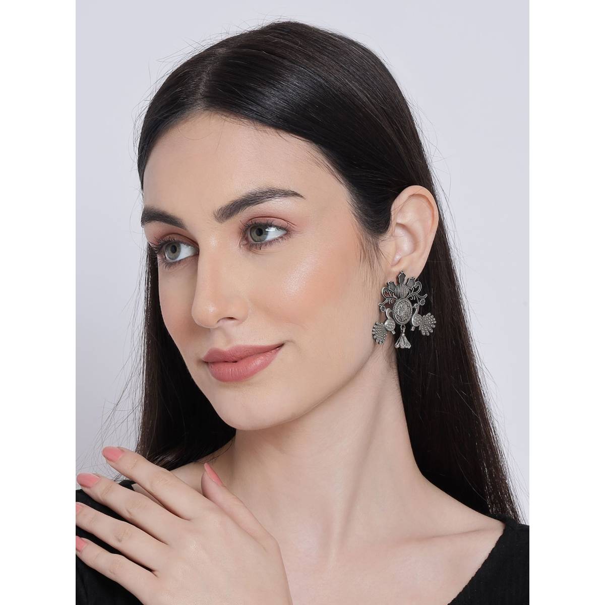 Aatmana Silver Toned Peacock Shaped Drop Earrings · One Size