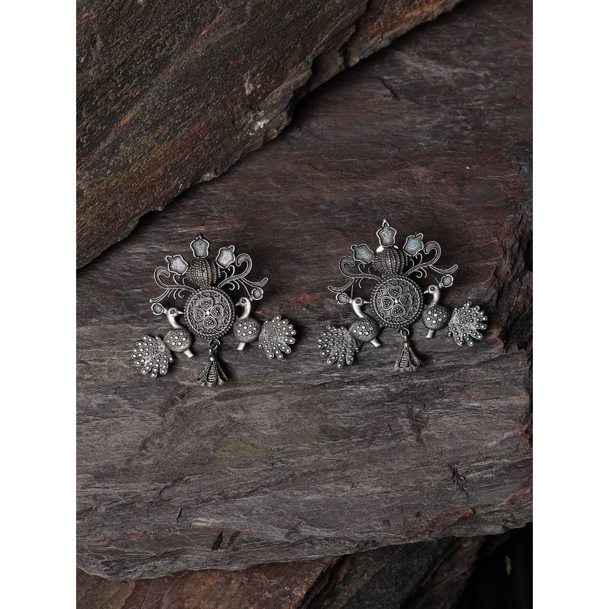 Aatmana Silver Toned Peacock Shaped Drop Earrings