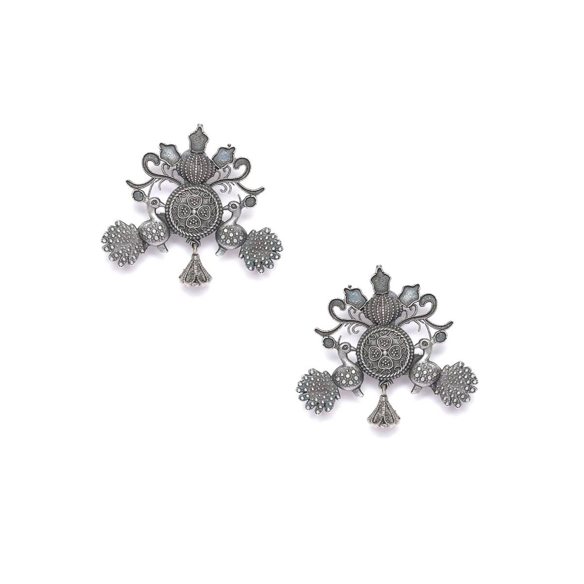 Aatmana Silver Toned Peacock Shaped Drop Earrings