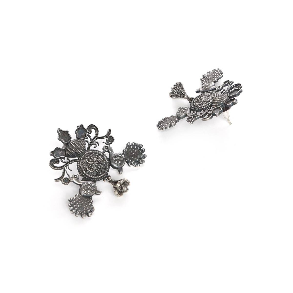 Aatmana Silver Toned Peacock Shaped Drop Earrings
