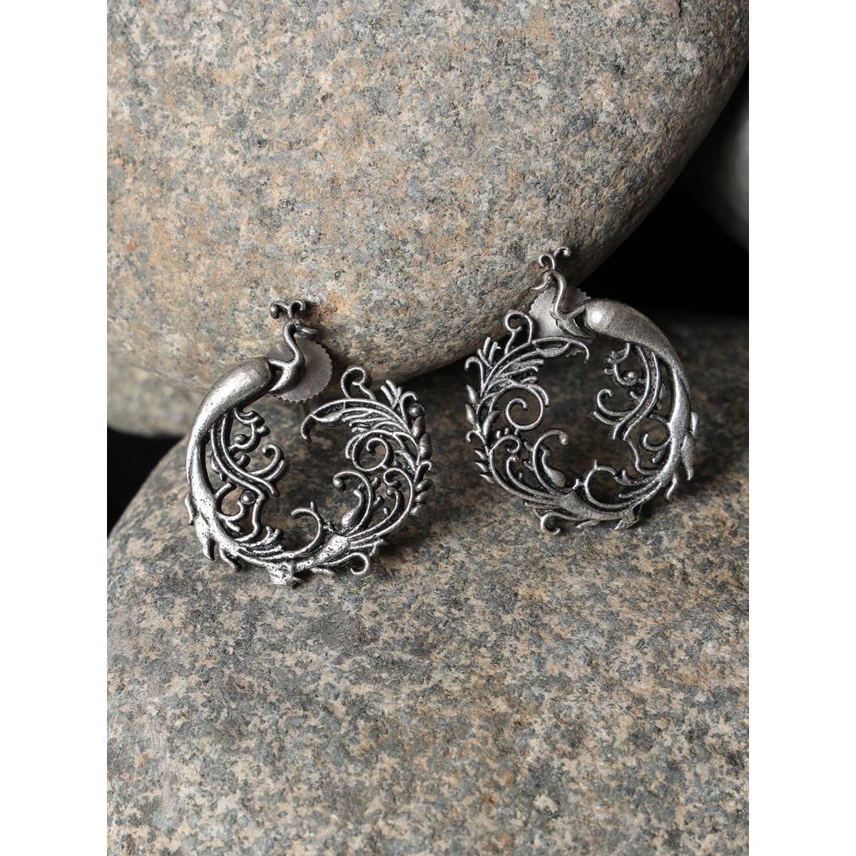 Aatmana Handcrafted Peacock Shaped Oxidized Stud Earrings · One Size