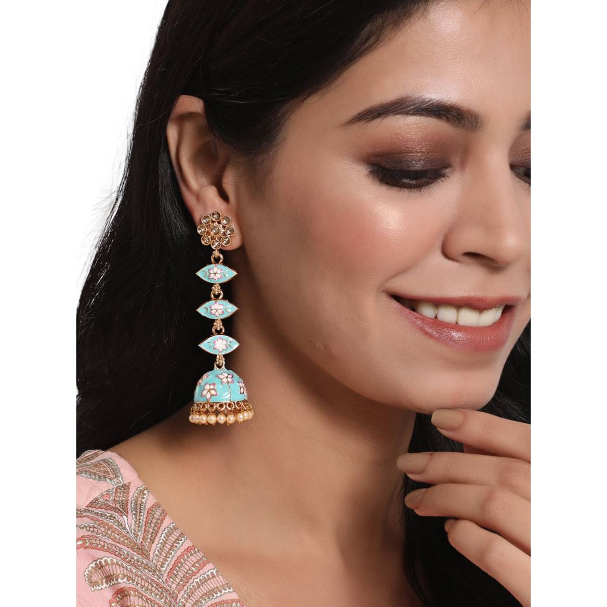Aatmana Blue and Meenakari Enamel Pink Floral Long Jhumka Earrings