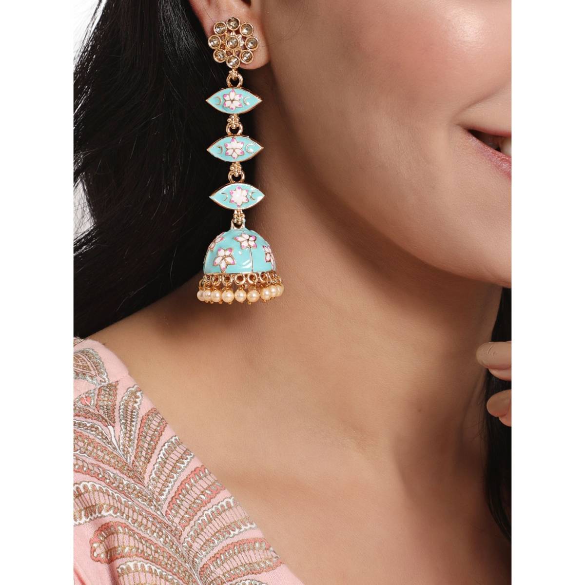 Aatmana Blue and Meenakari Enamel Pink Floral Long Jhumka Earrings · One Size