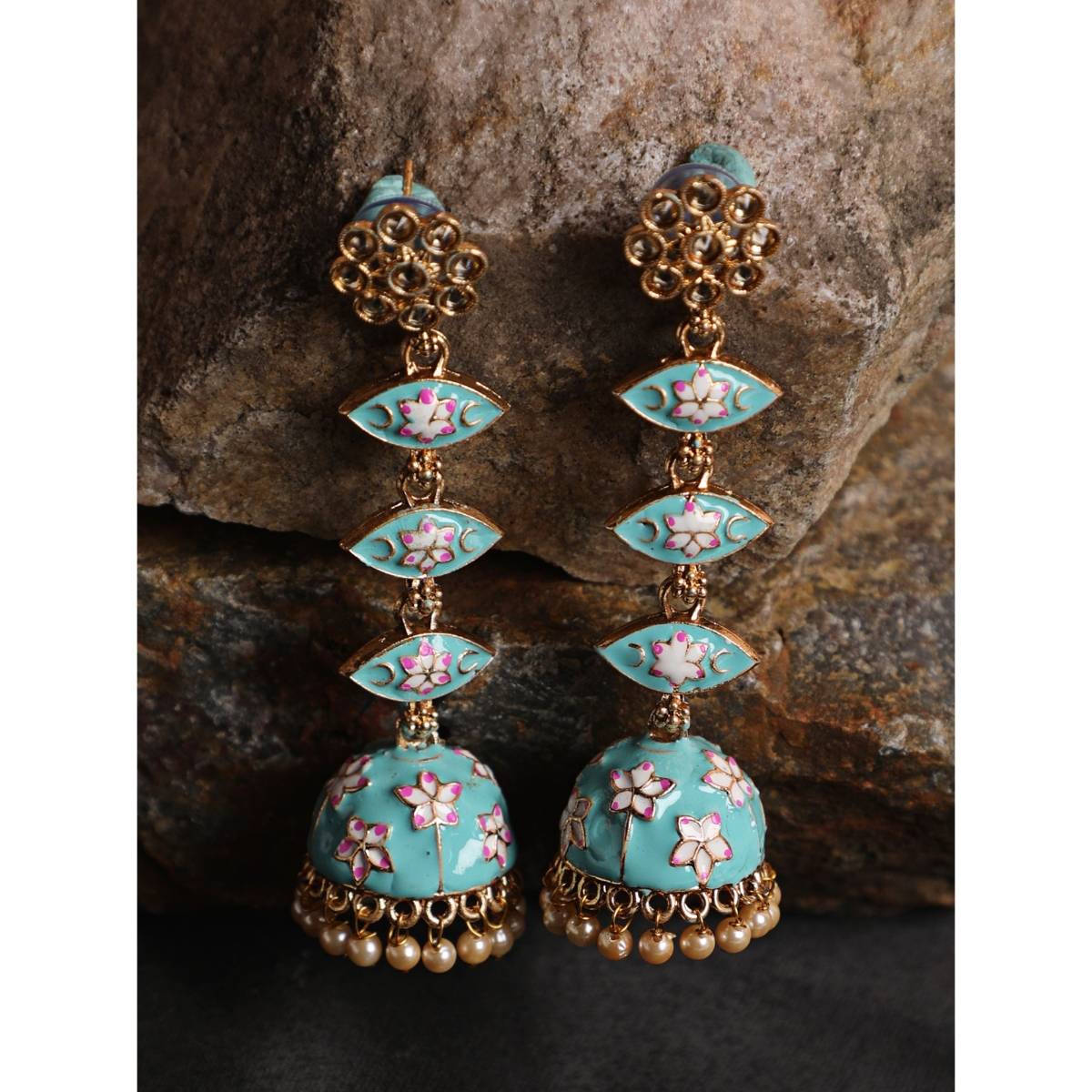 Aatmana Blue and Meenakari Enamel Pink Floral Long Jhumka Earrings