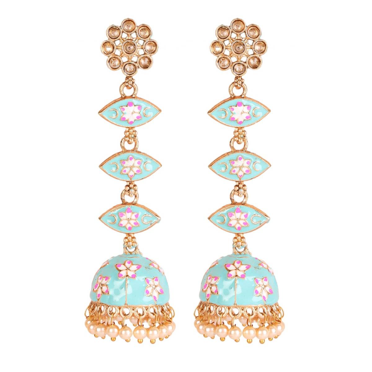 Aatmana Blue and Meenakari Enamel Pink Floral Long Jhumka Earrings