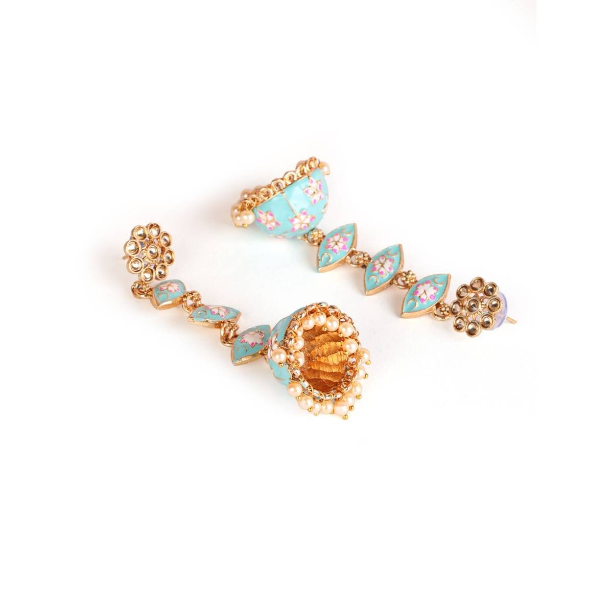 Aatmana Blue and Meenakari Enamel Pink Floral Long Jhumka Earrings