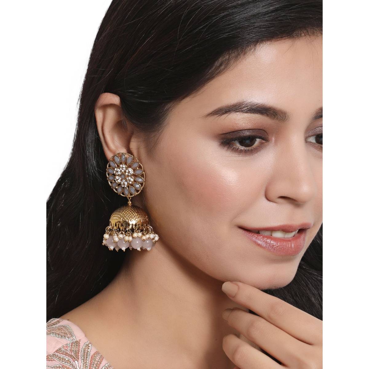 Aatmana Grey Antique Gold Plated Studded Dome Shaped Jhumkas