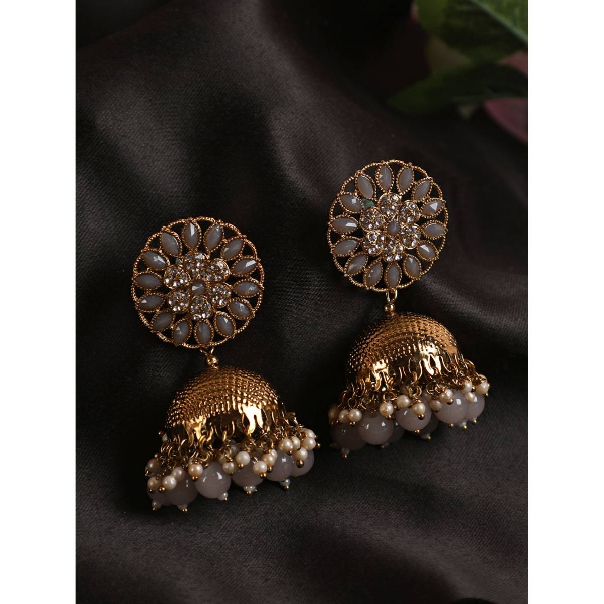Aatmana Grey Antique Gold Plated Studded Dome Shaped Jhumkas