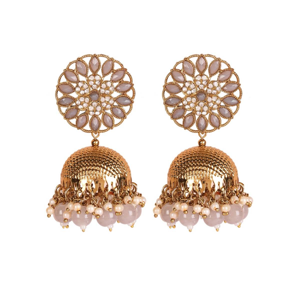 Aatmana Grey Antique Gold Plated Studded Dome Shaped Jhumkas