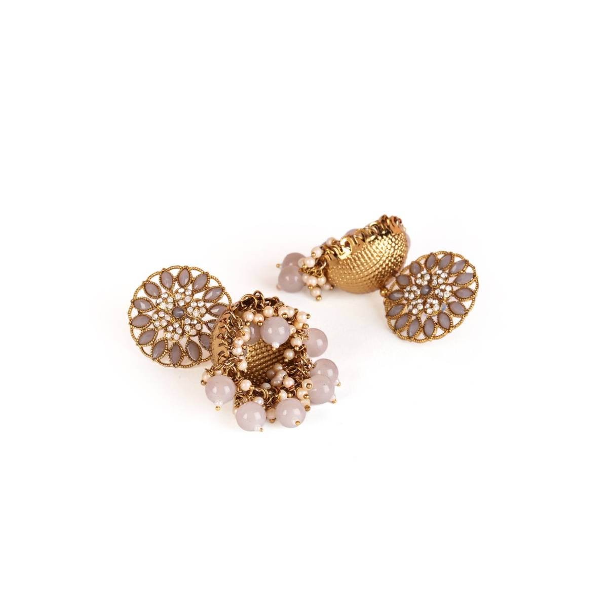 Aatmana Grey Antique Gold Plated Studded Dome Shaped Jhumkas