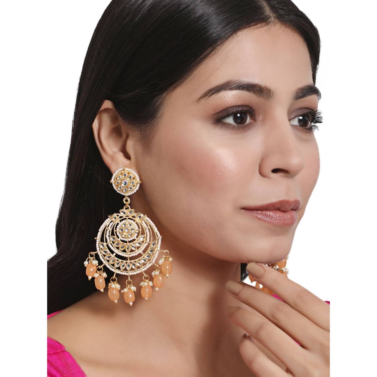 Aatmana Gold Toned Pearl and Kundan Studded Crescent Shaped Chandbalis · One Size