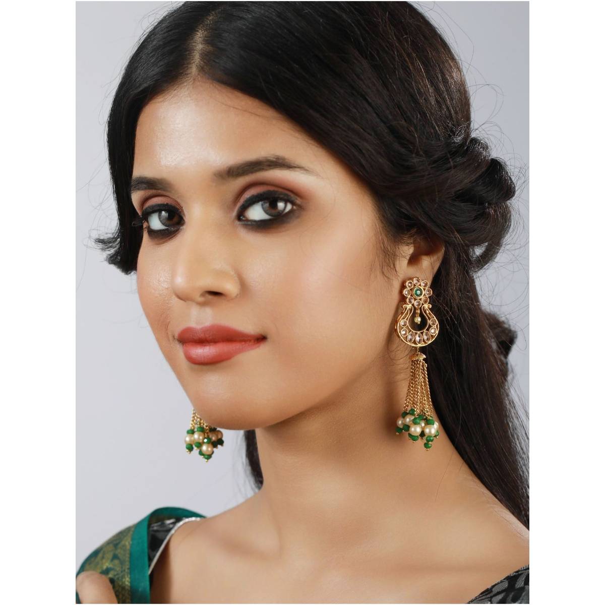 Aatmana White and Green Classic Beads and Kundan Studed,Gold Plated Chandbali Earrings