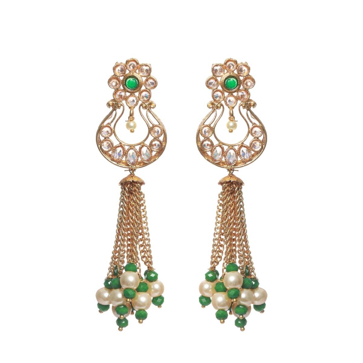 Aatmana White and Green Classic Beads and Kundan Studed,Gold Plated Chandbali Earrings