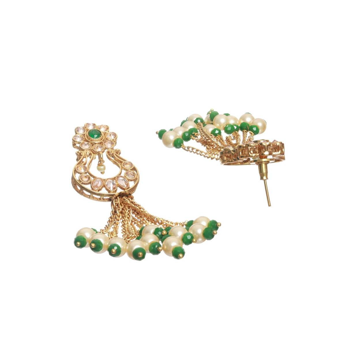 Aatmana White and Green Classic Beads and Kundan Studed,Gold Plated Chandbali Earrings