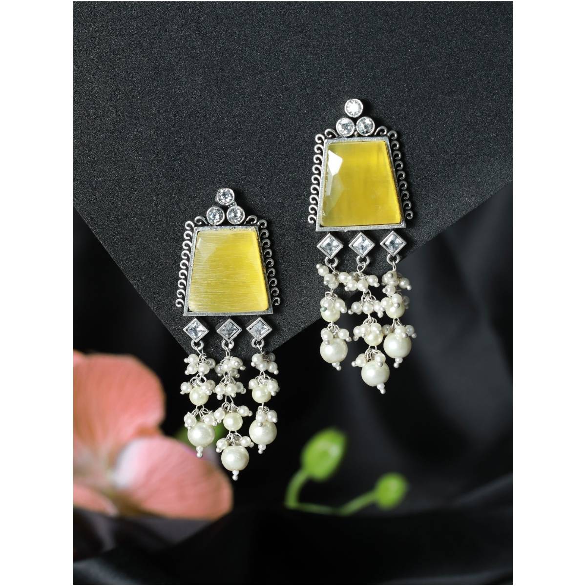 Aatmana Silver Toned Yellow Stone and Ad Studded Contemporary Drop Earrings