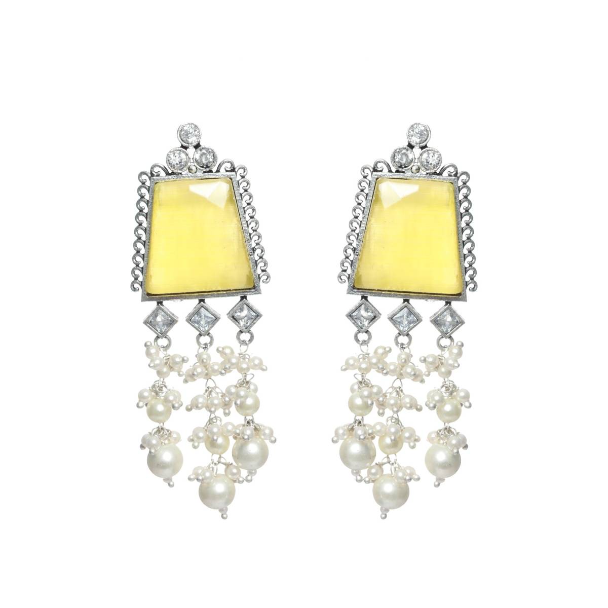 Aatmana Silver Toned Yellow Stone and Ad Studded Contemporary Drop Earrings