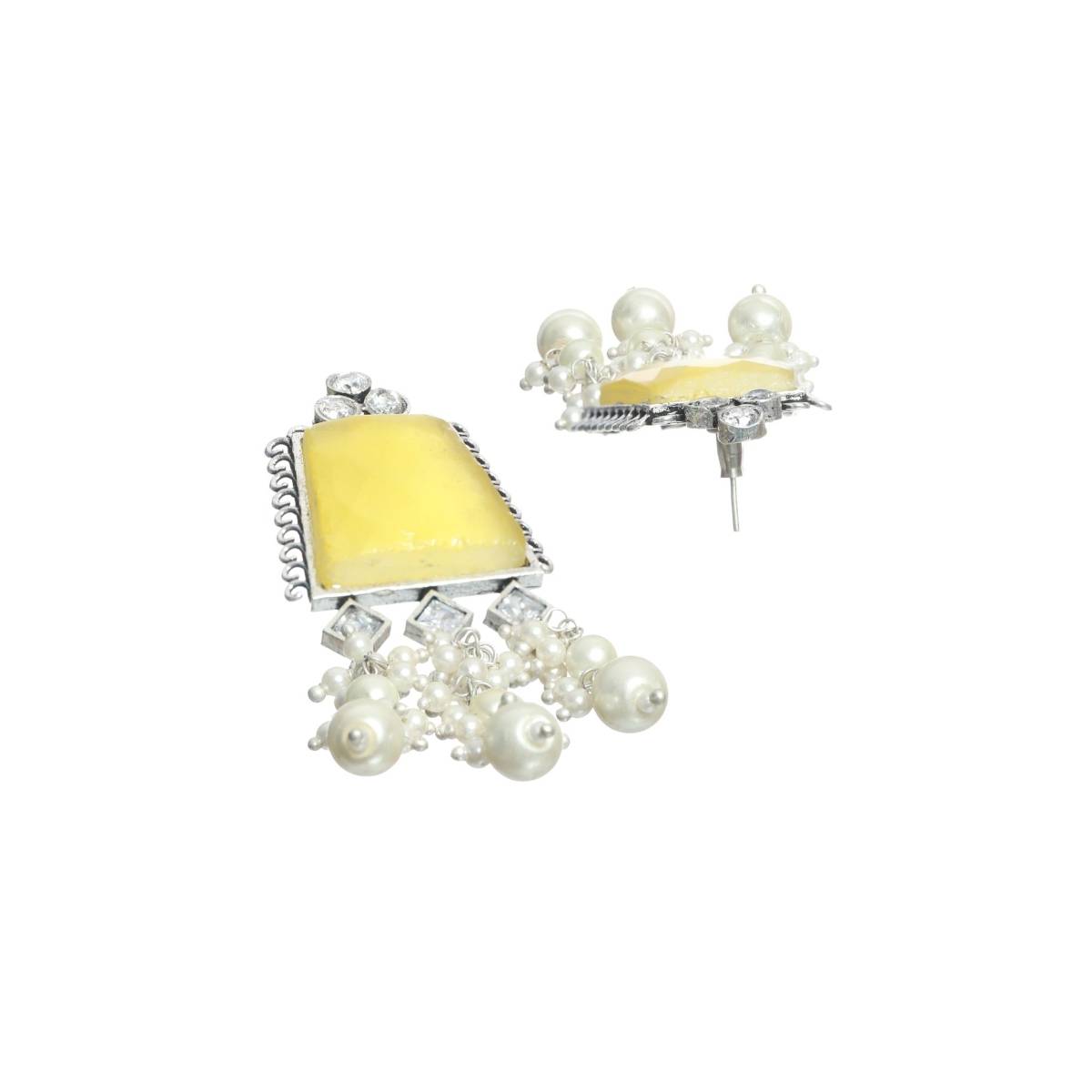 Aatmana Silver Toned Yellow Stone and Ad Studded Contemporary Drop Earrings