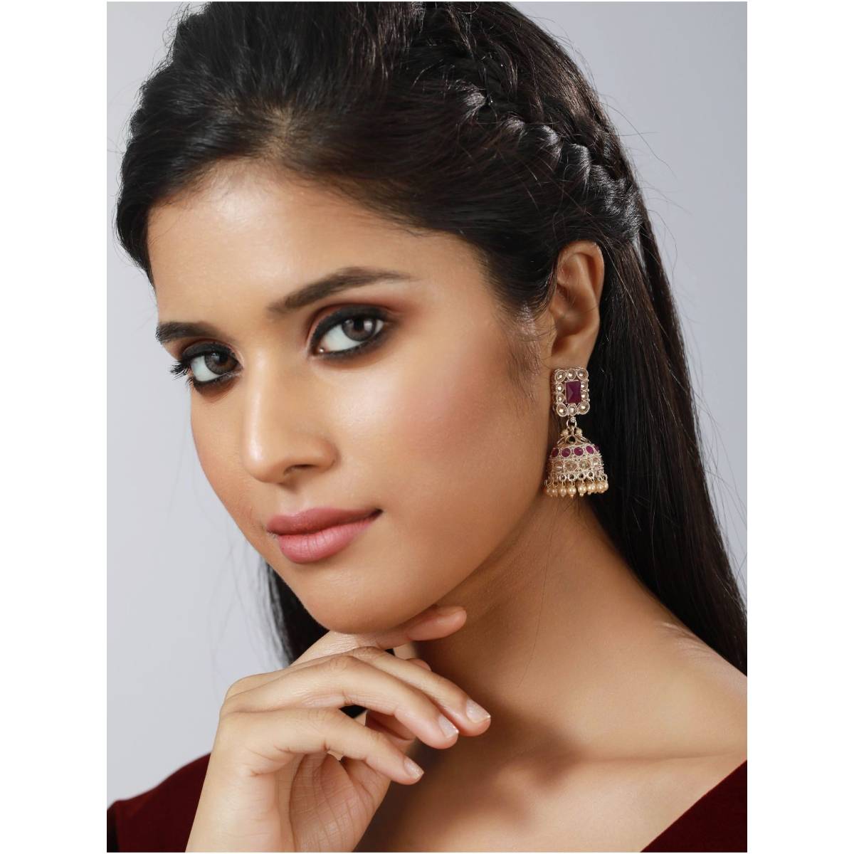 Aatmana Pink Coloured Gold Plated Ad Studded Handcrafted Square Shaped Jhumkas